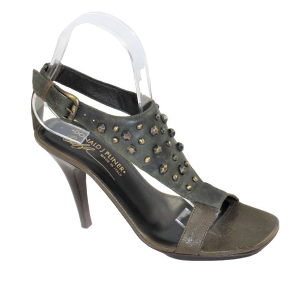 Donald J. Pliner Nekita Leather Studded Olive Green Heeled Halter Sandal Size 6 - Picture 4 of 7
